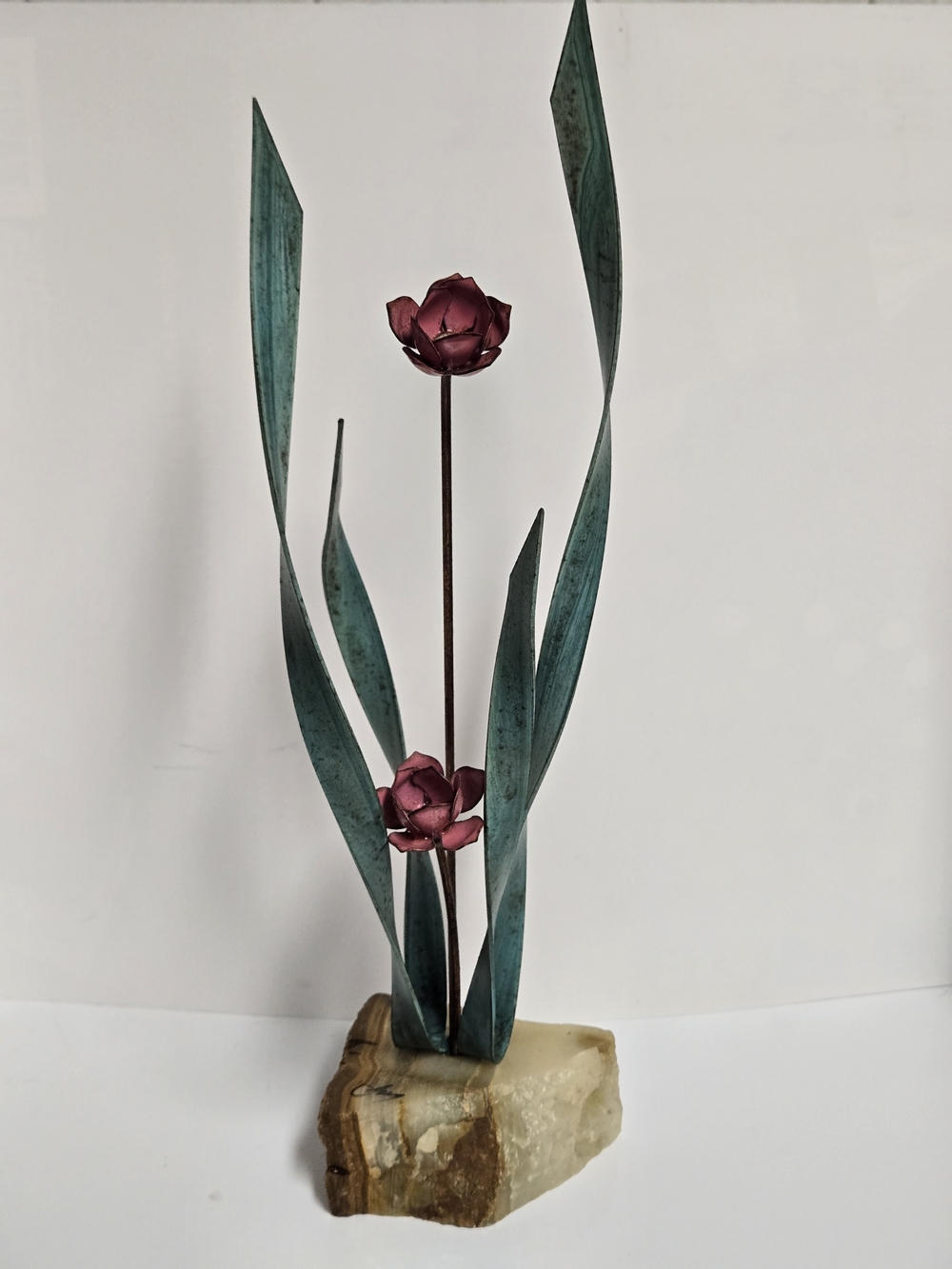 John DeMott Signed Mixed Metal Double Tulip Flower Sculpture on Banded Onyx Base